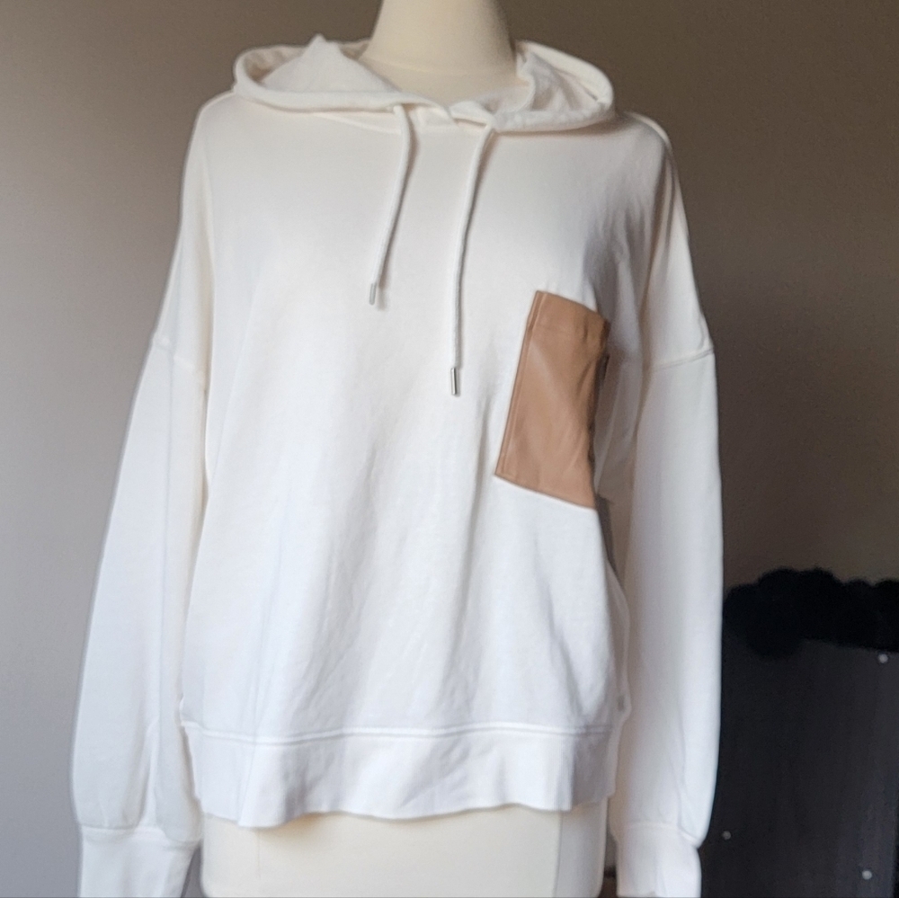 Loft Beige Logo Leather Patch Cotton Hooded, Long Sleeve Sweatsh